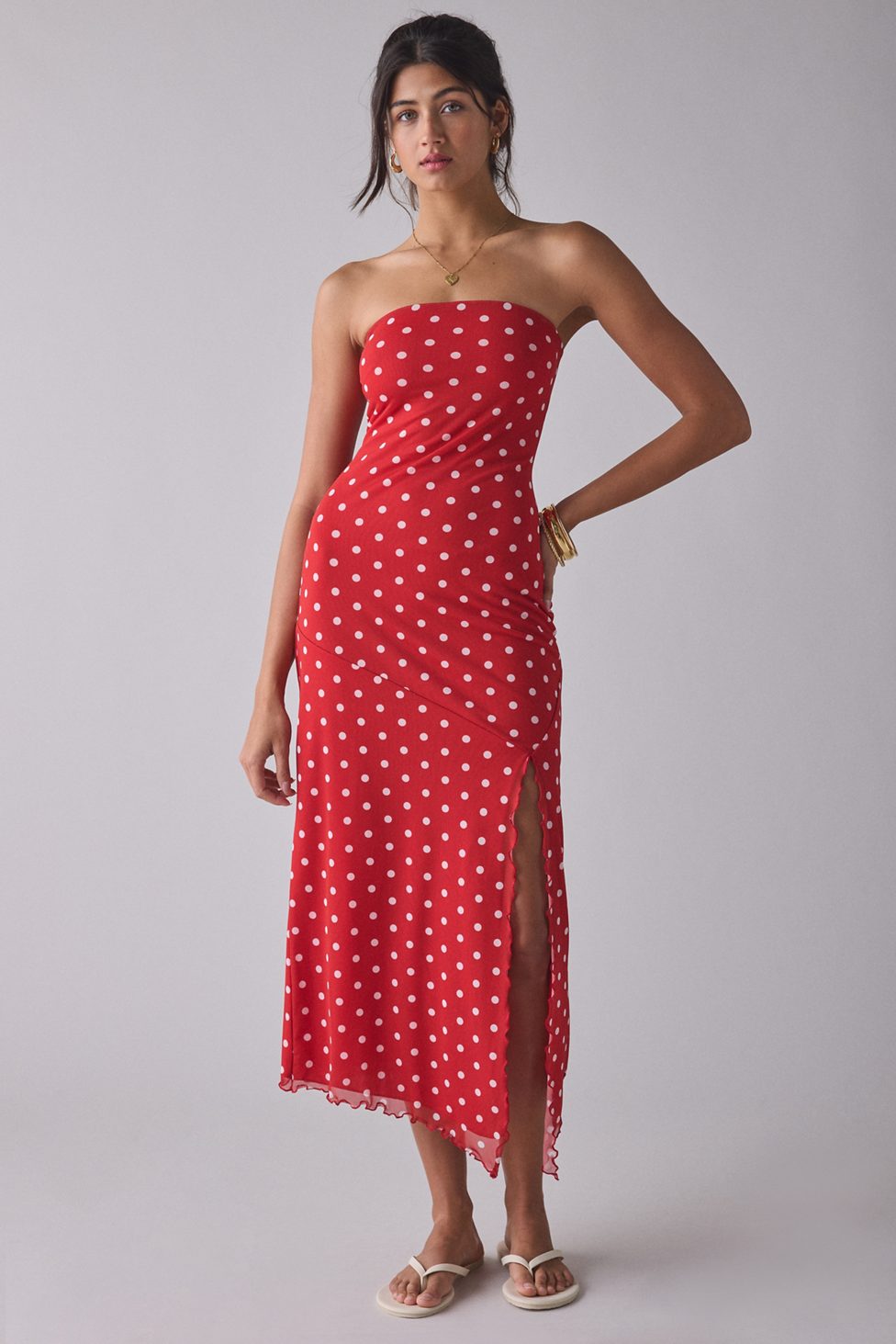 UO Samara Mesh Strapless Midi Dress - Red Polka Dot