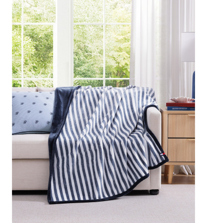 Tommy Hilfiger Laguna Beach Stripe Printed Plush Throw, 70" x 50" - White, Deep Blue