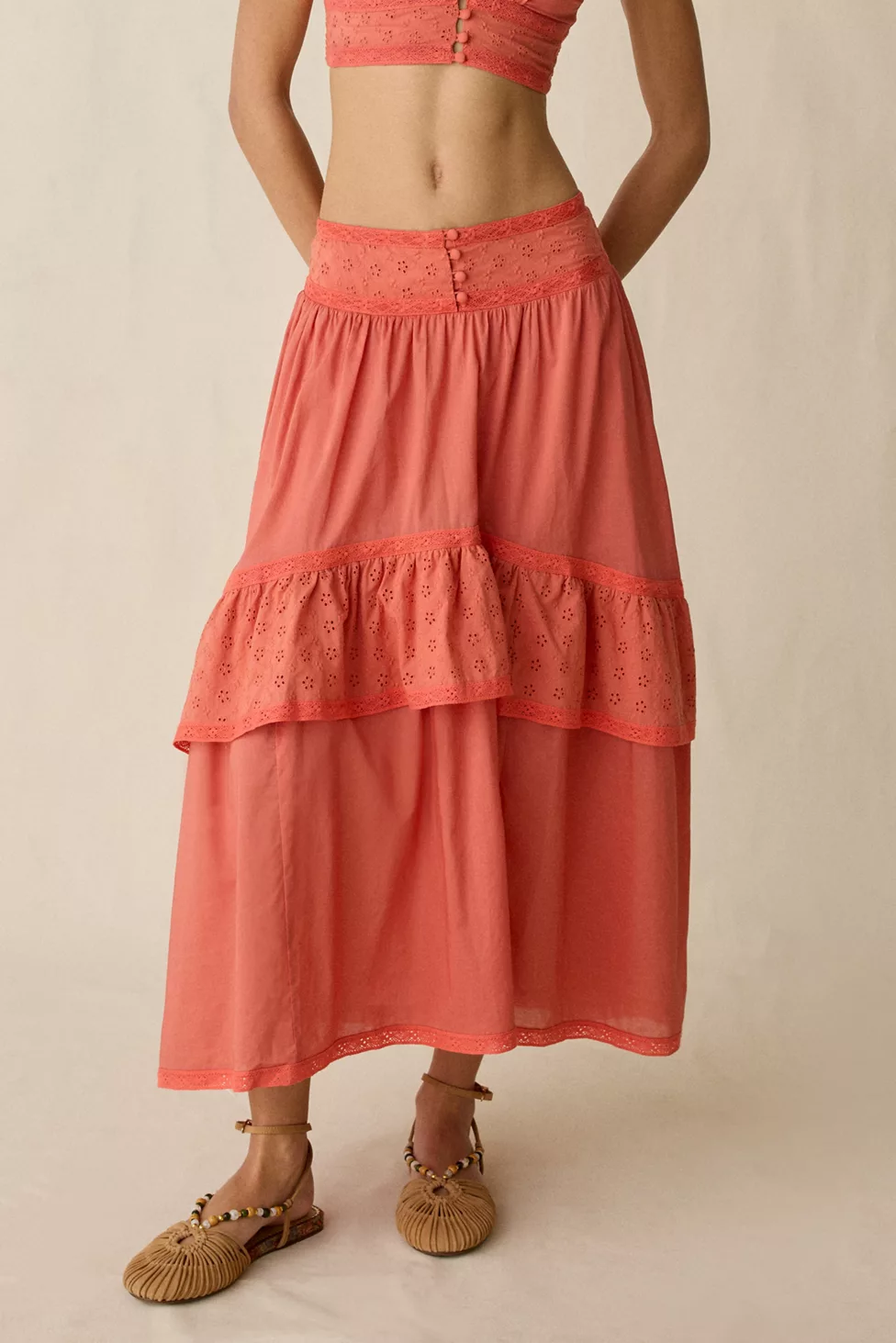 Kimchi Blue Seaside Splash Ruffle Lace Trim Midi Skirt 2-Piece Set - Red