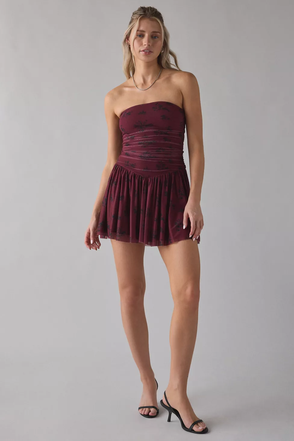 UO Modern Mesh Basque Waist Strapless Mini Dress - Burgundy Floral