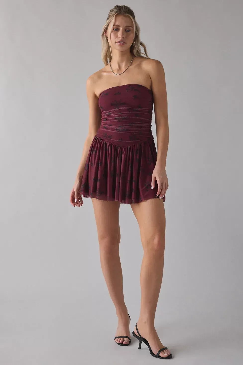 UO Modern Mesh Basque Waist Strapless Mini Dress - Burgundy Floral