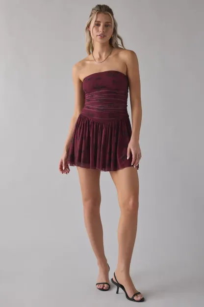 UO Modern Mesh Basque Waist Strapless Mini Dress - Burgundy Floral