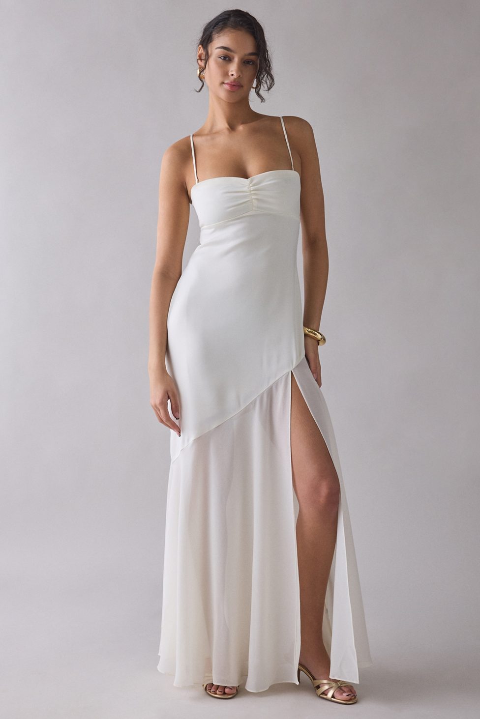 UO Sky High Sheer Illusion Asymmetric Maxi Dress - Ivory