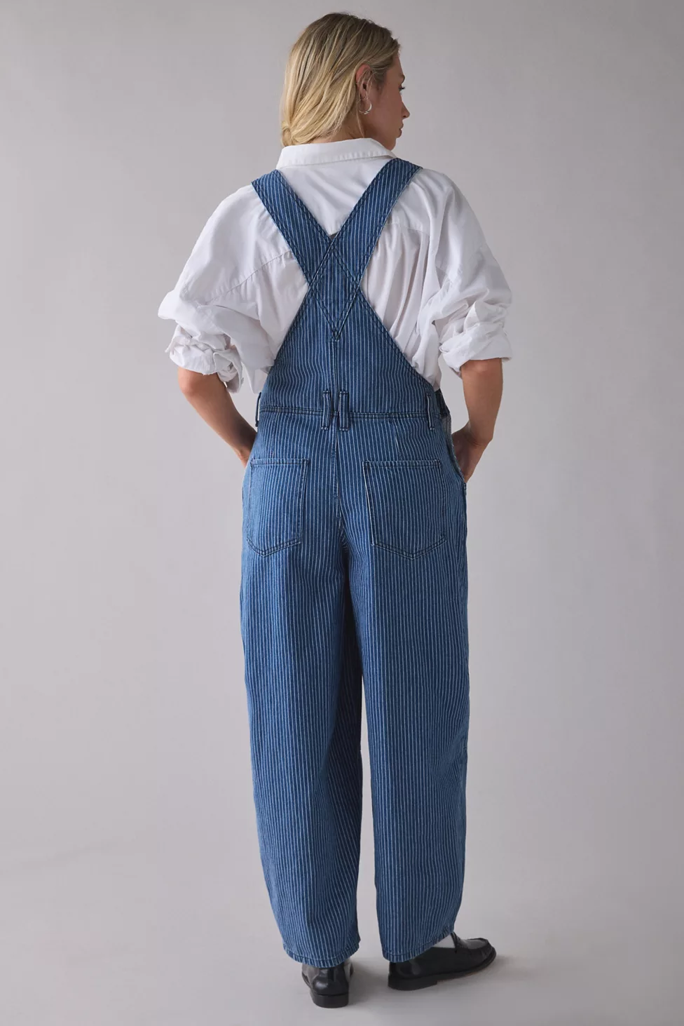 BDG Rih Pinstripe Extreme Barrel-Leg Overalls - Tinted Denim