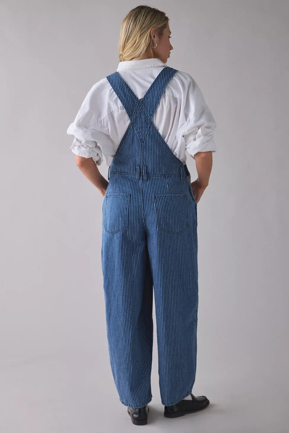 BDG Rih Pinstripe Extreme Barrel-Leg Overalls - Tinted Denim