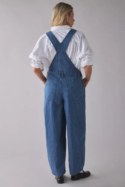 BDG Rih Pinstripe Extreme Barrel-Leg Overalls - Tinted Denim