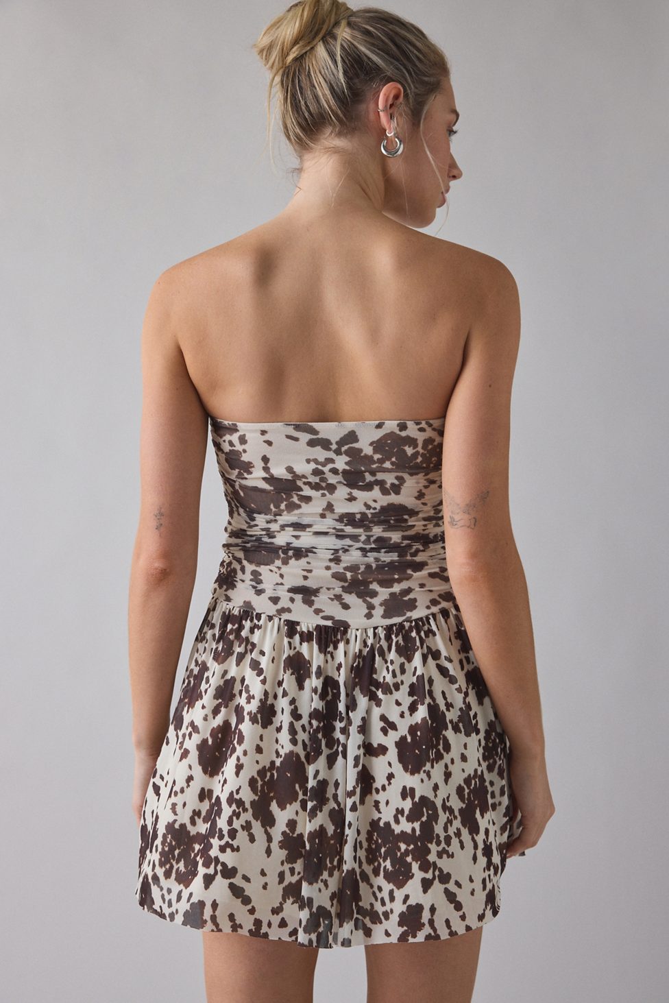 UO Modern Mesh Basque Waist Strapless Mini Dress - Cow Print