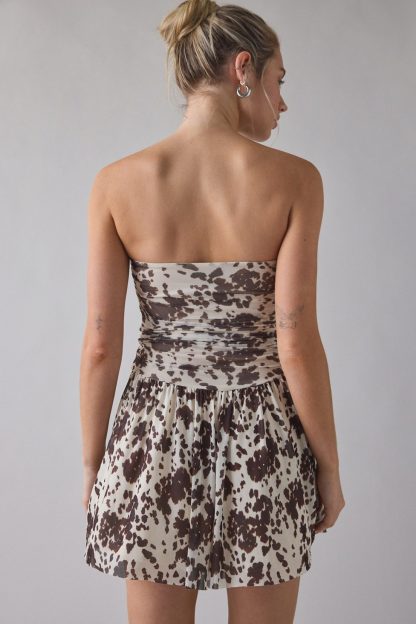 UO Modern Mesh Basque Waist Strapless Mini Dress - Cow Print