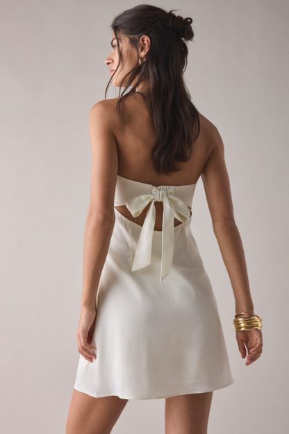 UO Mira Strapless Tie-Back Bow Satin Slip Mini Dress - Ivory