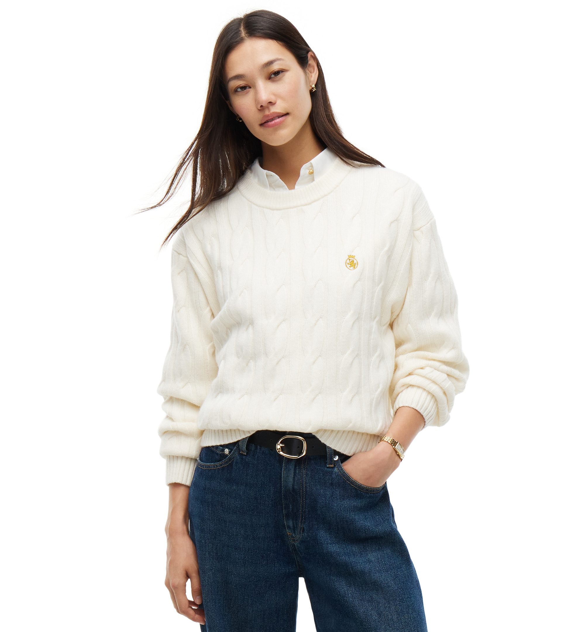 Tommy Hilfiger Women's American Icons 100% Wool Cable-Knit Crewneck Sweater, Macy's Exclusive - Ivory Petal