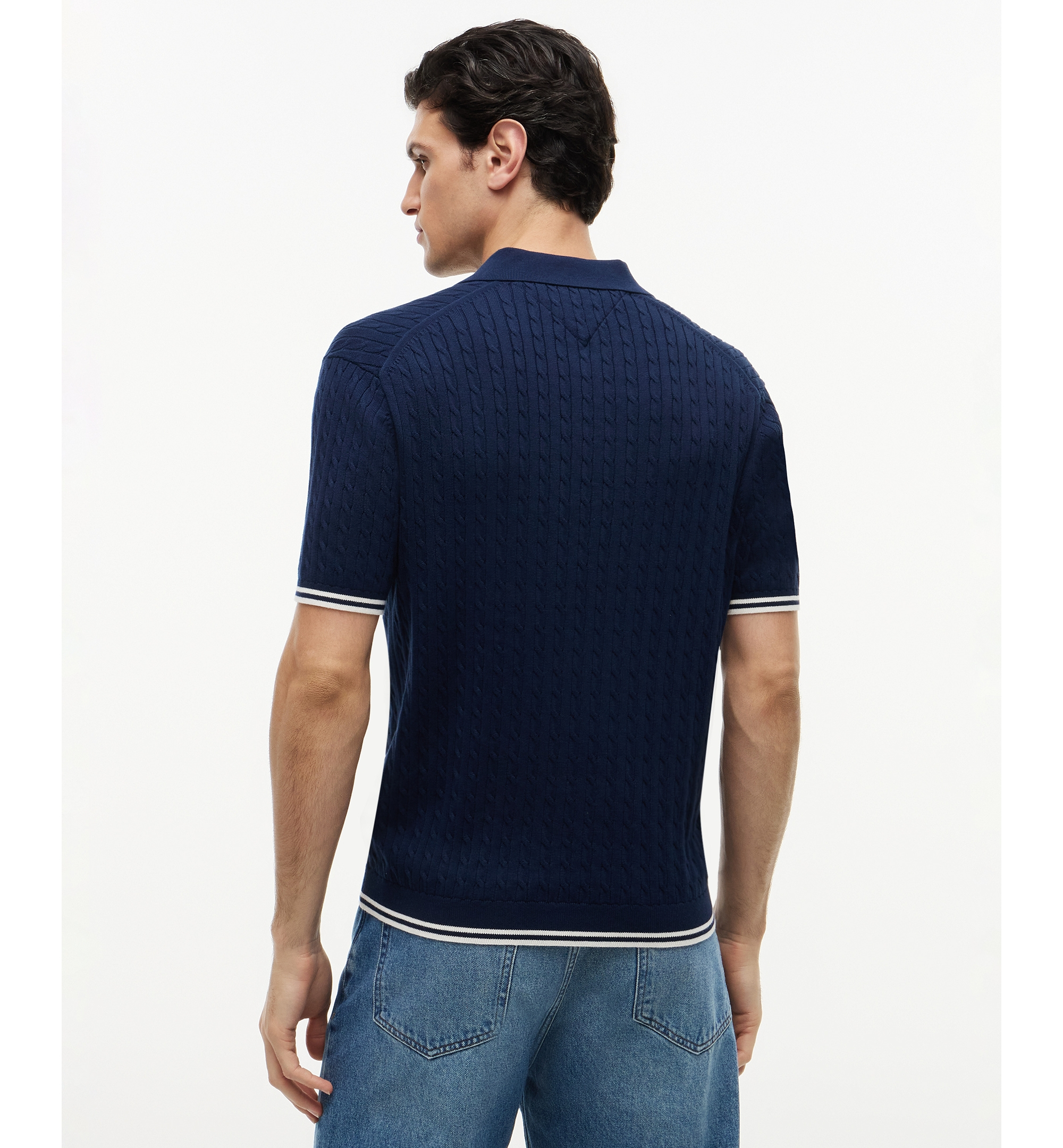 Tommy Hilfiger Men's Cable Knitted Short-Sleeve Sweater Polo Shirt - Carbon Navy