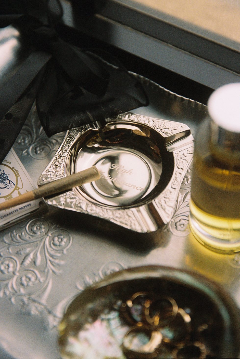 Ornate Etched Brass Ashtray - Silver