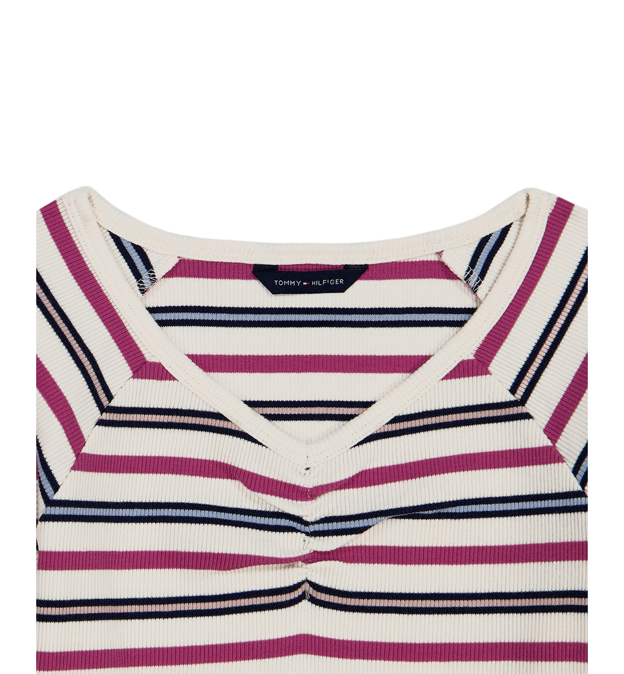 Tommy Hilfiger Girls' 7-16 Striped Ribbed V-Neck Short-Sleeve Top - Natural