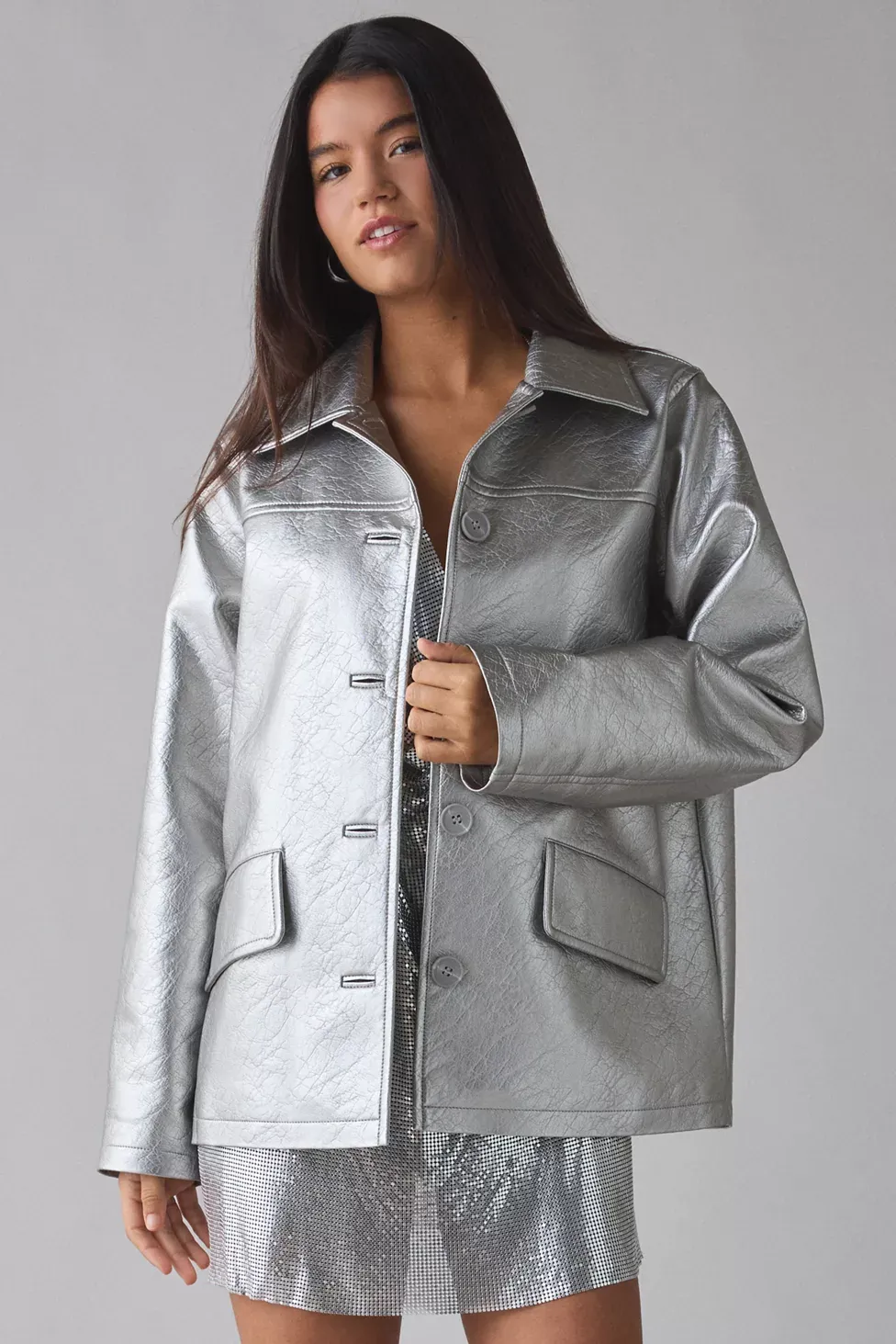 UO Sydney Faux Leather Oversized Dad Jacket - Silver