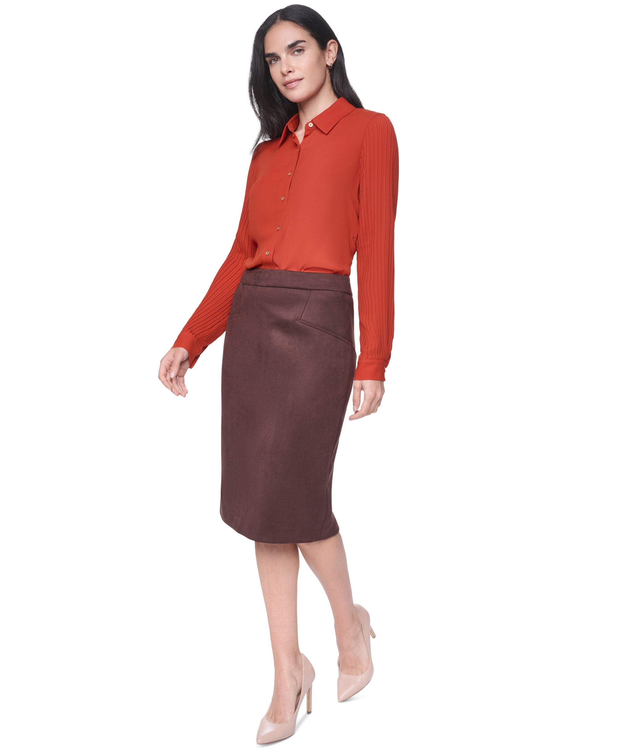 Tommy Hilfiger Women's Long-Sleeve Button-Front Pleated-Sleeve Blouse - Paprika