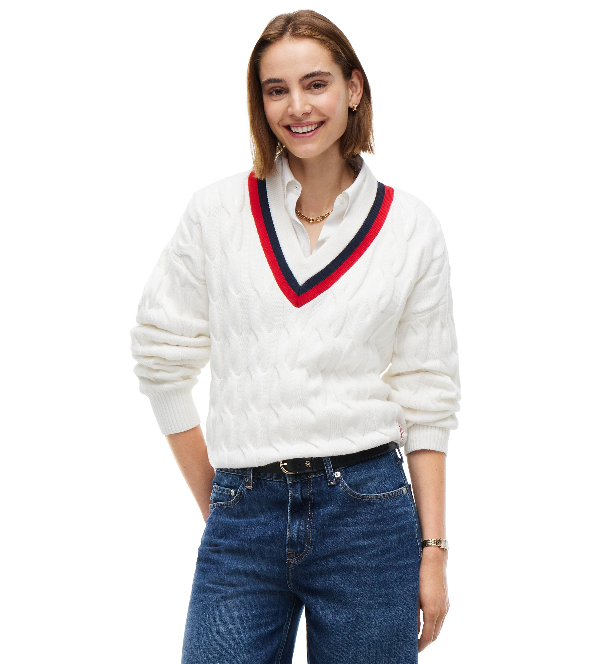 Tommy Hilfiger Women's Cricket Cable-Knit V-Neck Oversized Sweater - Ecru