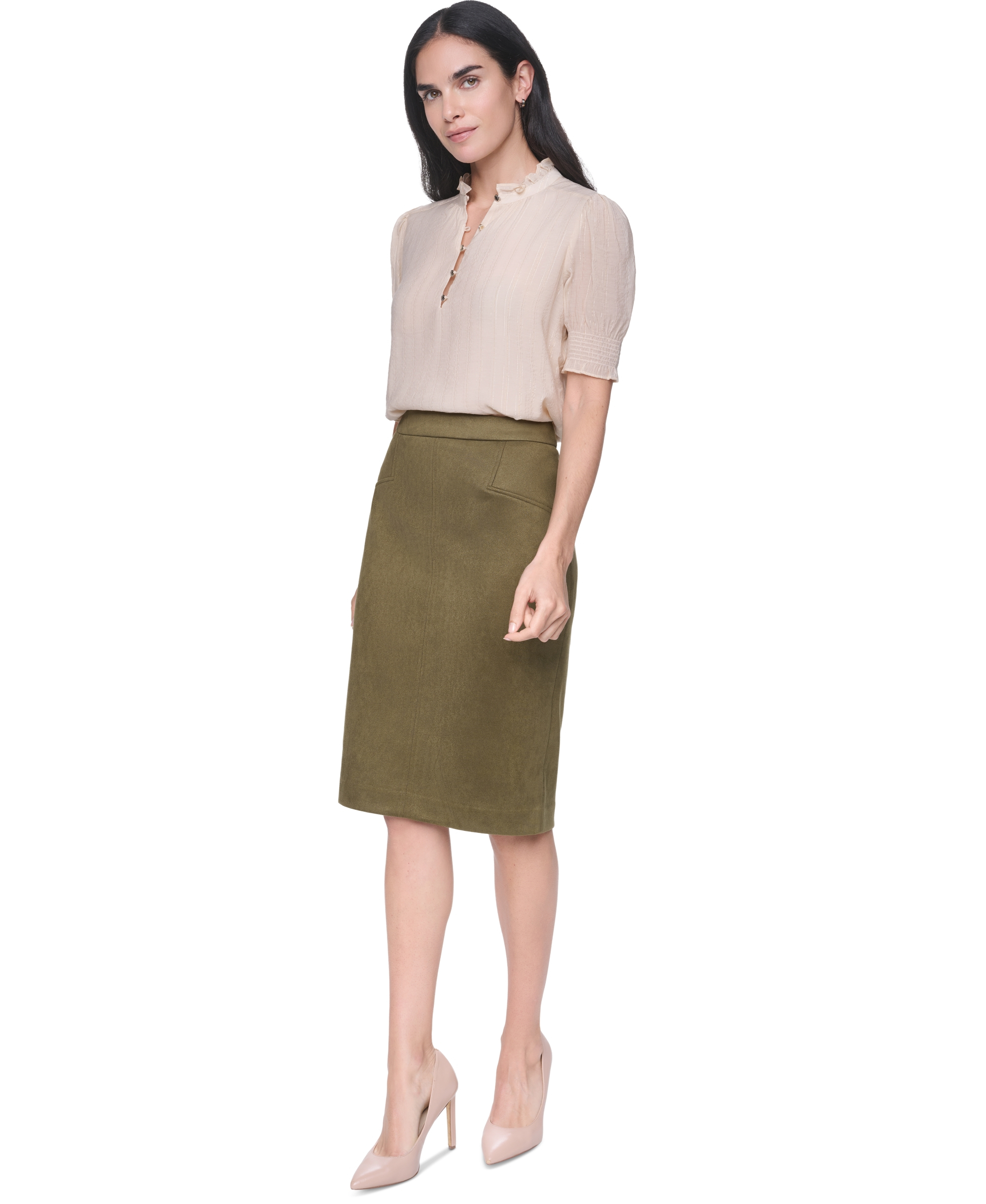 Tommy Hilfiger Women's Mock Neck Short-Sleeve Ruffle Blouse - Nude