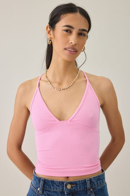 BDG Hold Me Tight Ribbed Racerback Cropped Cami - Pink