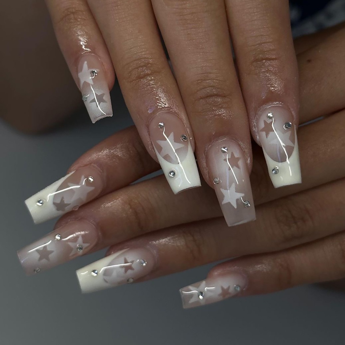 Star - Embellished French Tip Press - On Nails with Rhinestones,Natural Style,coffin