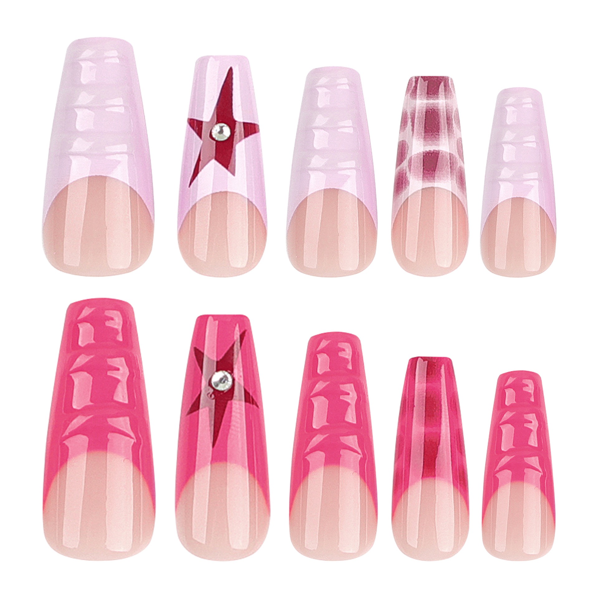 Gradient &3D Textured Press - On Nails with Star Accents,Creative Style,coffin