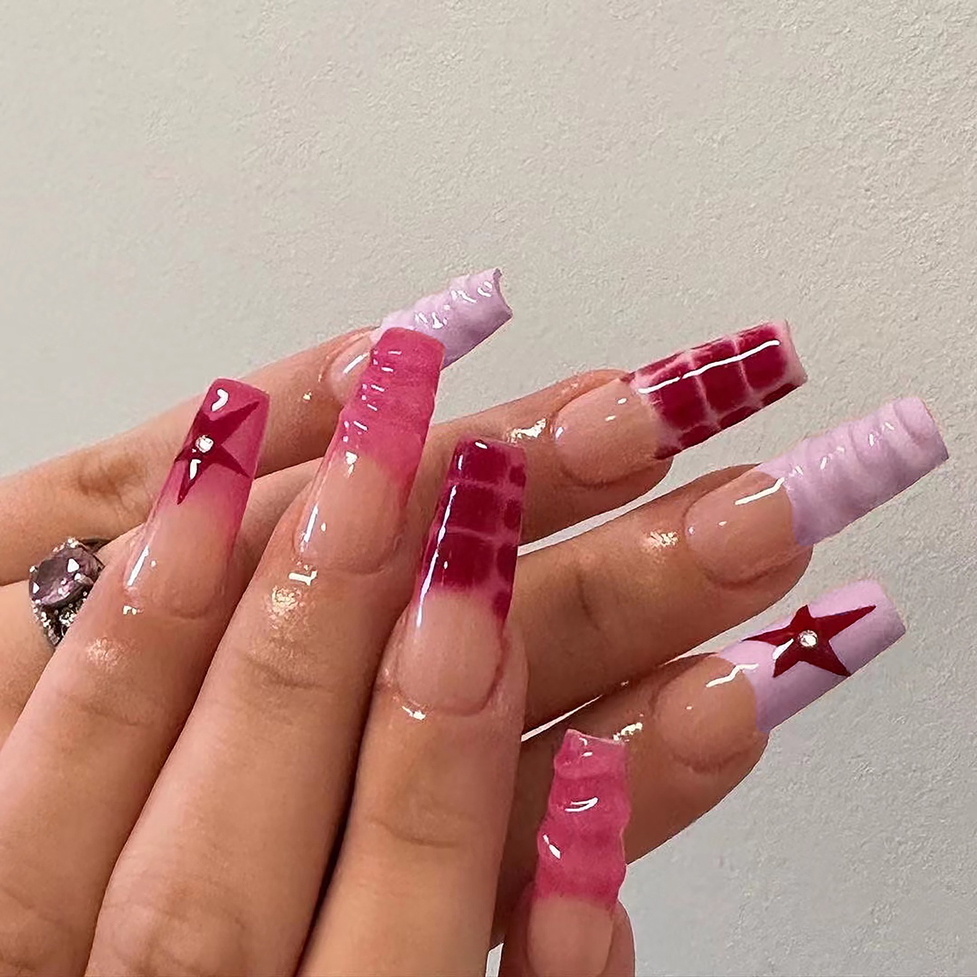 Gradient &3D Textured Press - On Nails with Star Accents,Creative Style,coffin