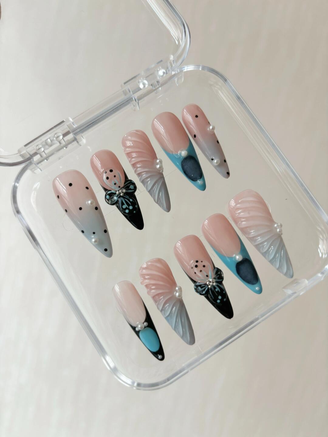 3D Flower & 3D Wing - Inspired Stiletto Press - On Nails,Creative Style,almond