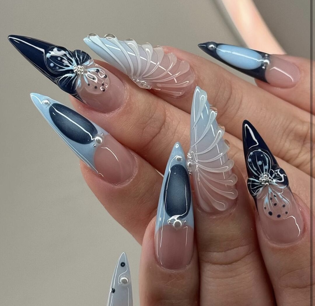 3D Flower & 3D Wing - Inspired Stiletto Press - On Nails,Creative Style,almond