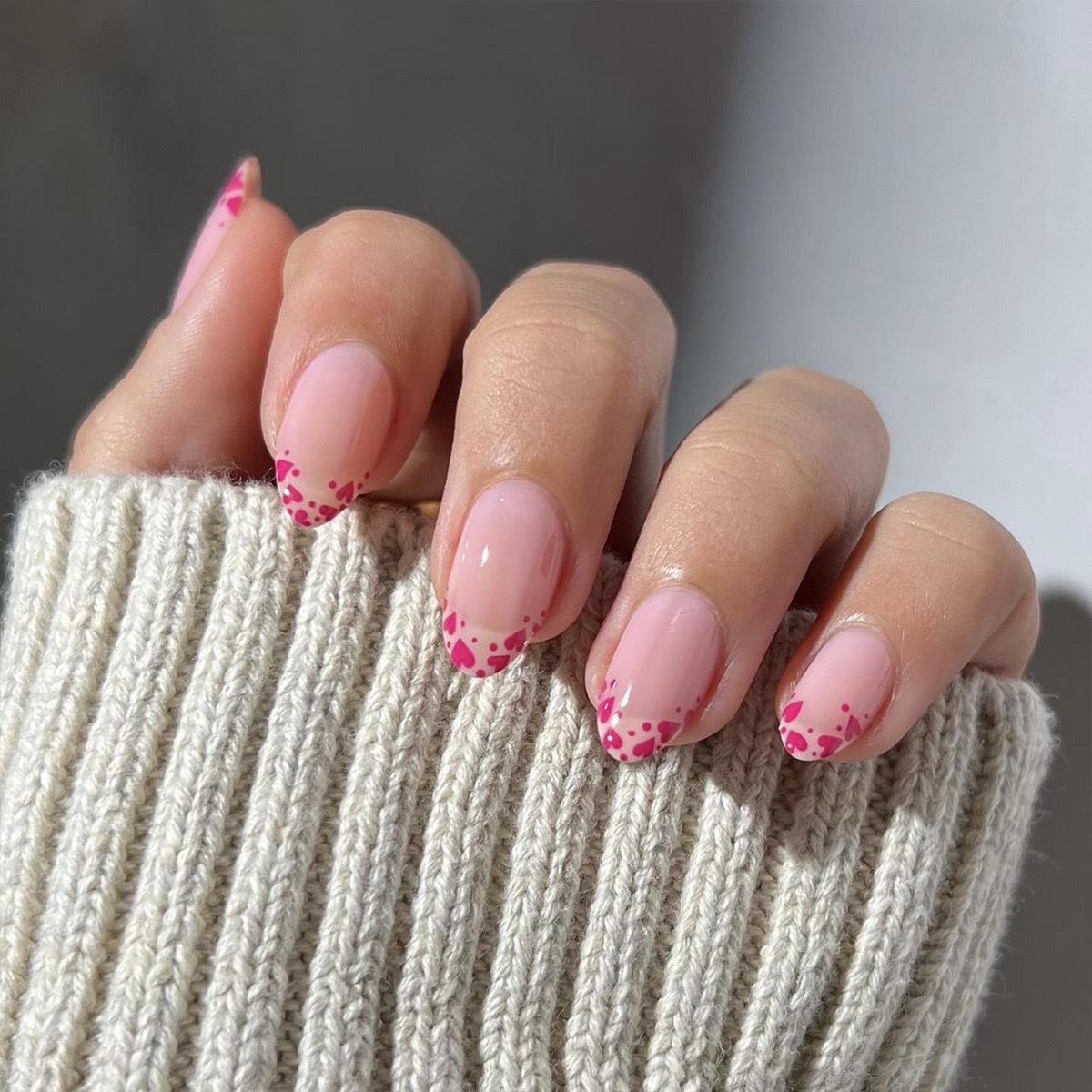 Pastel Pink Press - On Nails with Hot Pink Heart Dots,Natural Style,almond