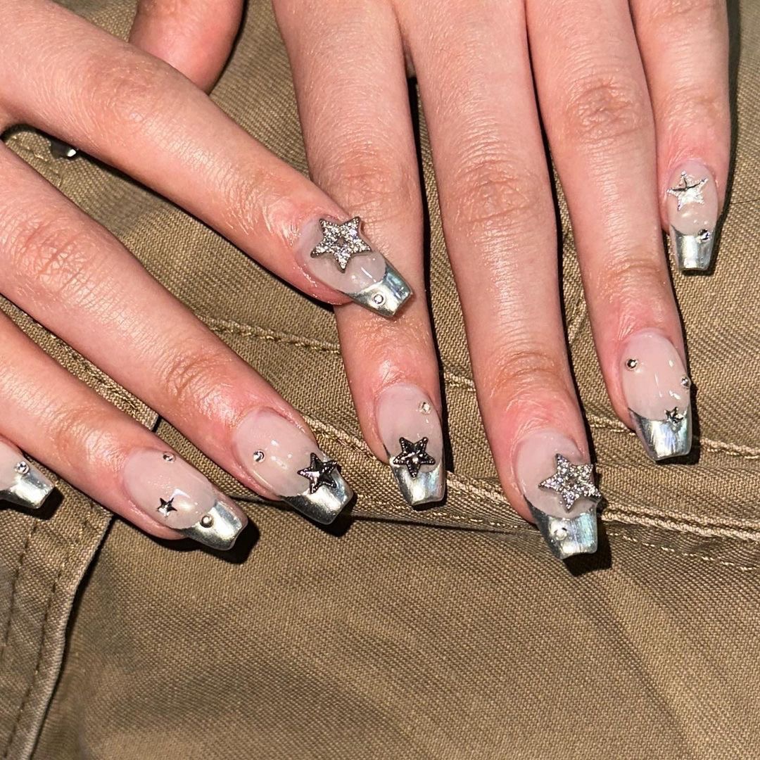 Silver - Tipped Press - On Nails with Star Rhinestone Embellishments,Creative Style,coffin