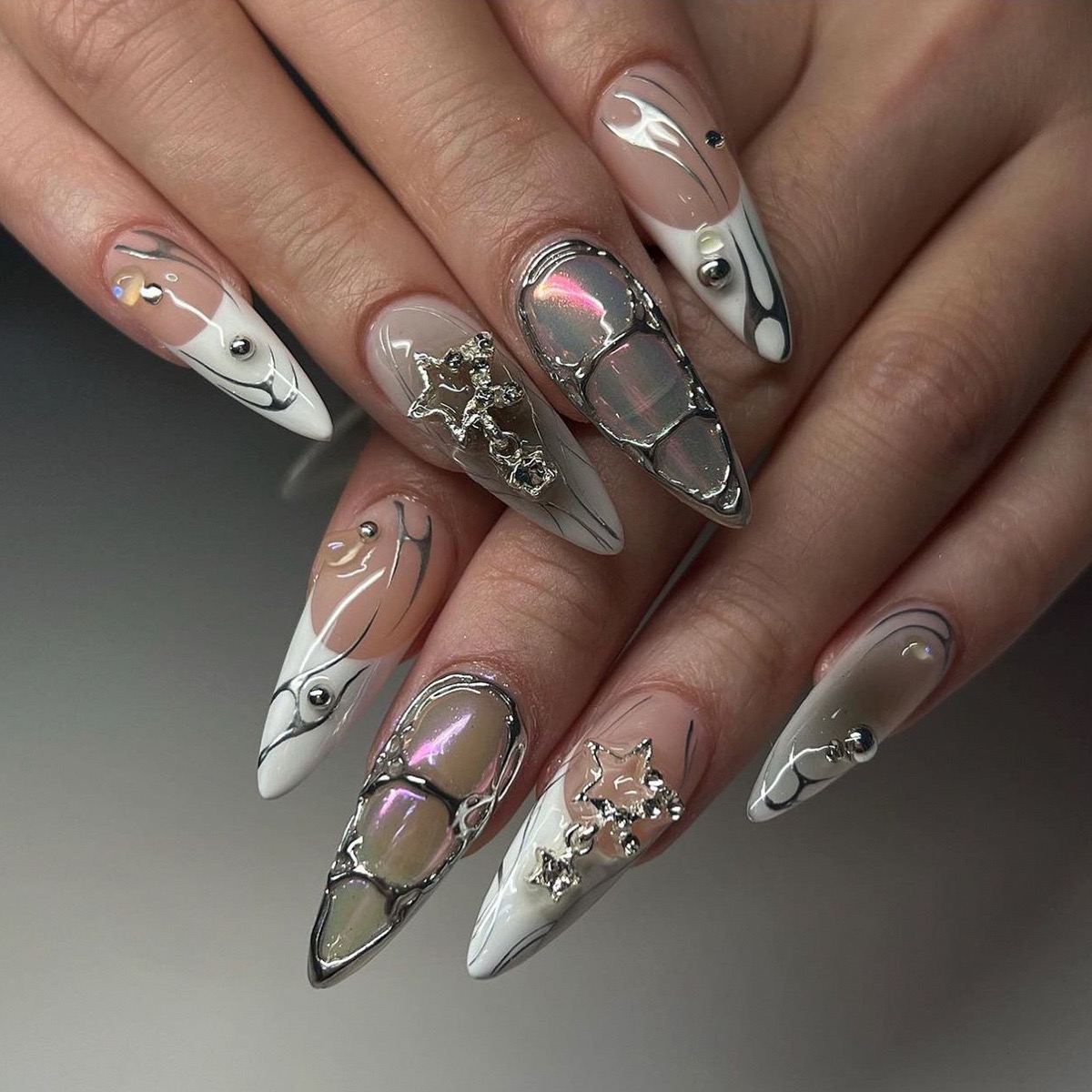 Chic Stiletto Press - On Nails with Holographic and Metallic Embellishments,Creative Style,almond