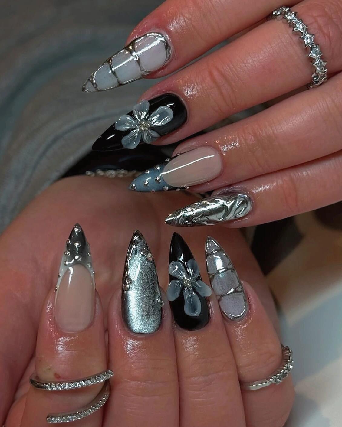 3D Glamorous Stiletto Press - On Nails with Metallic, Floral & Mixed - Media Embellishments ,Creative Style,almond