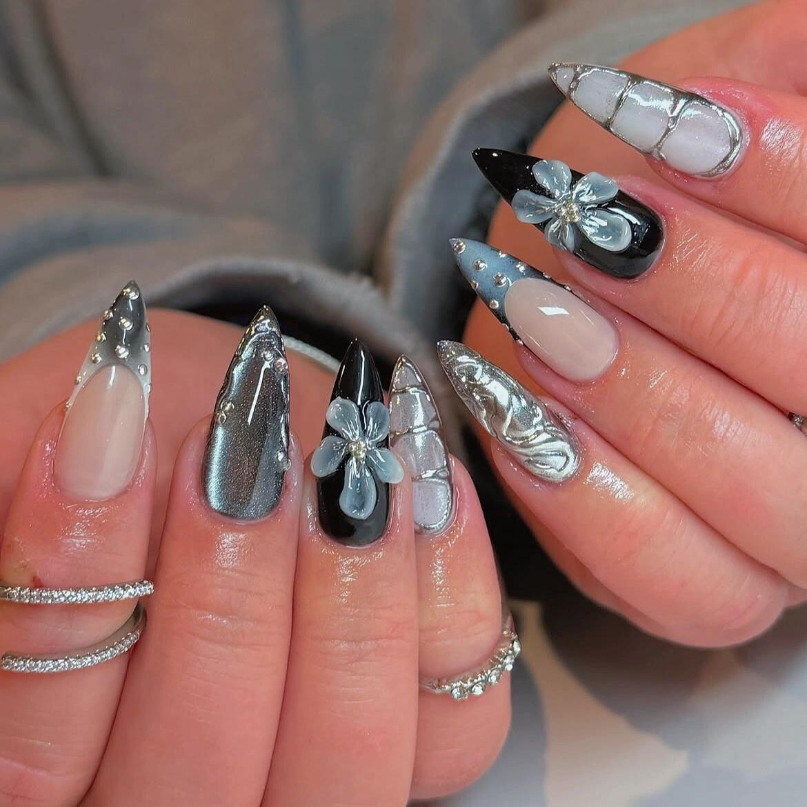 3D Glamorous Stiletto Press - On Nails with Metallic, Floral & Mixed - Media Embellishments ,Creative Style,almond