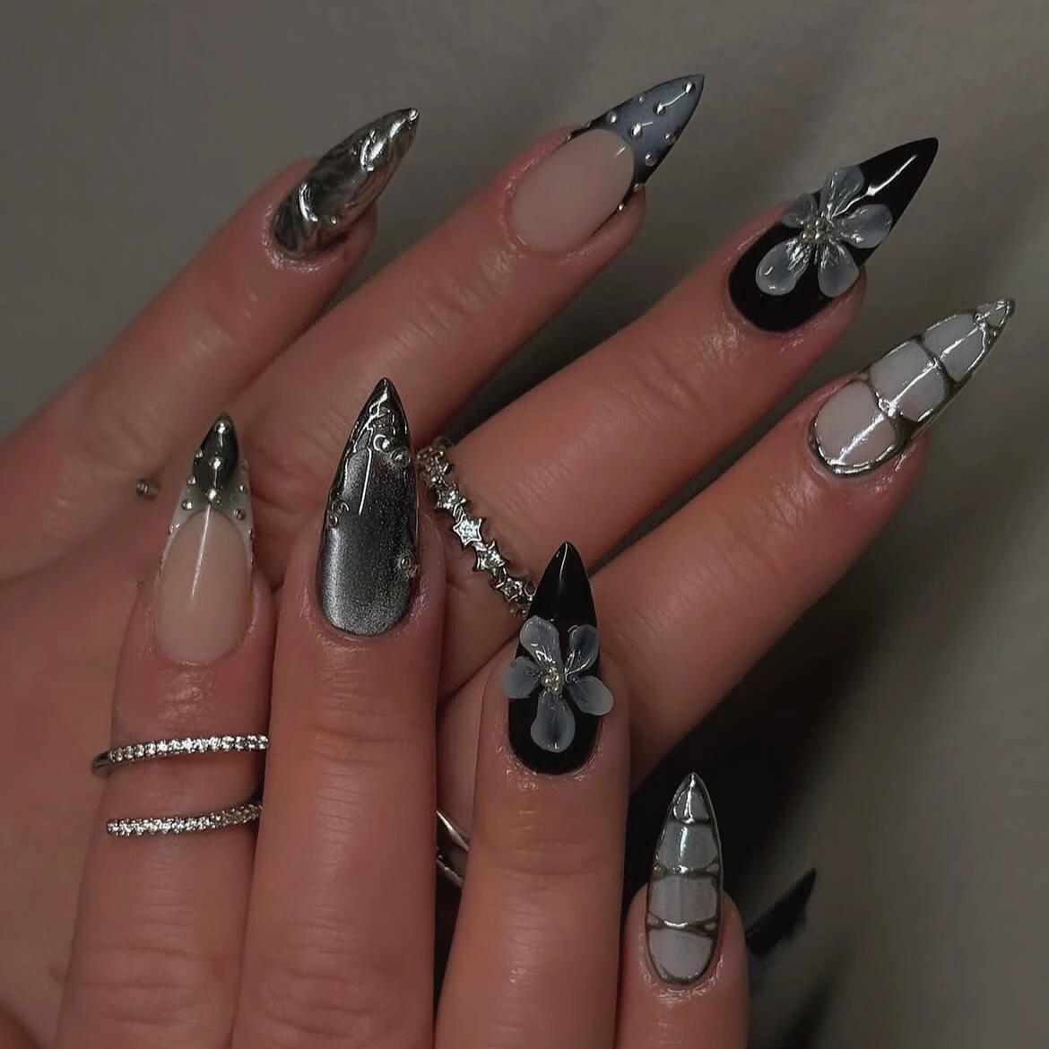 3D Glamorous Stiletto Press - On Nails with Metallic, Floral & Mixed - Media Embellishments ,Creative Style,almond