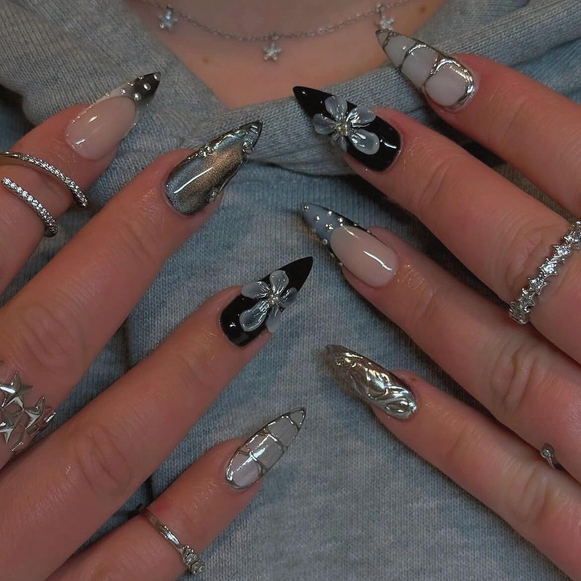 3D Glamorous Stiletto Press - On Nails with Metallic, Floral & Mixed - Media Embellishments ,Creative Style,almond