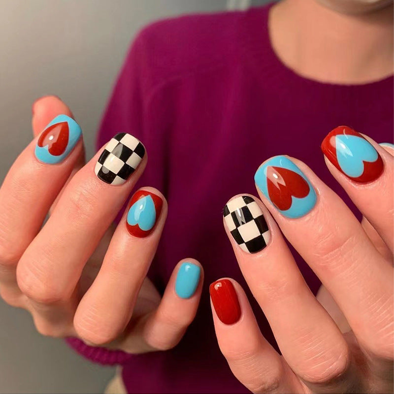 Checkerboard and Heart - Patterned Press - On Nails, Creative Style