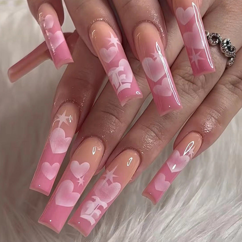 Long Square Press - On Nails with Pink Heart and Star Patterns, Creative Style