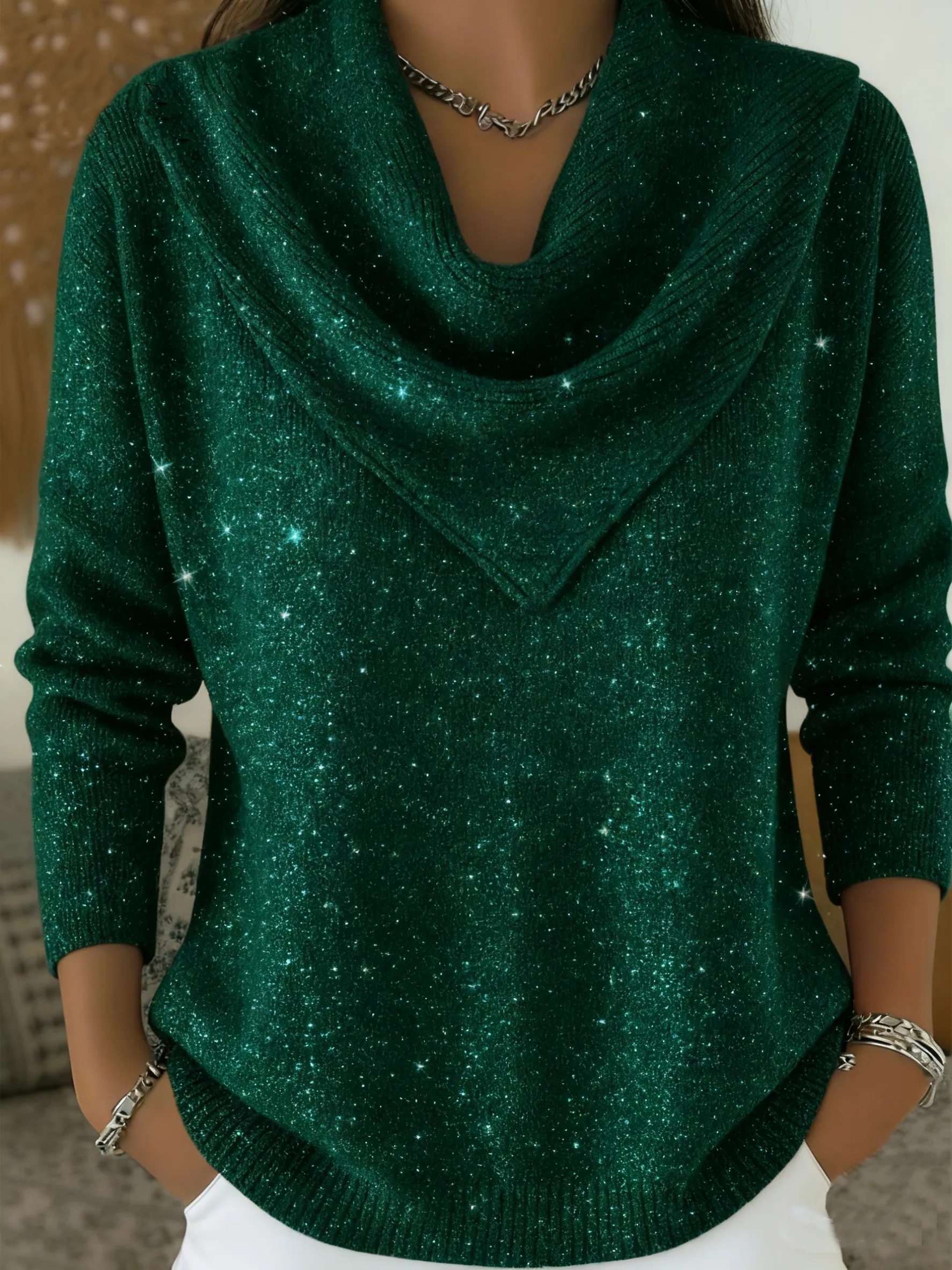 🎄 CLEARANCE SALE🔥 Vintage Soft Triangle Neck Sequined Shiny Sweater Top