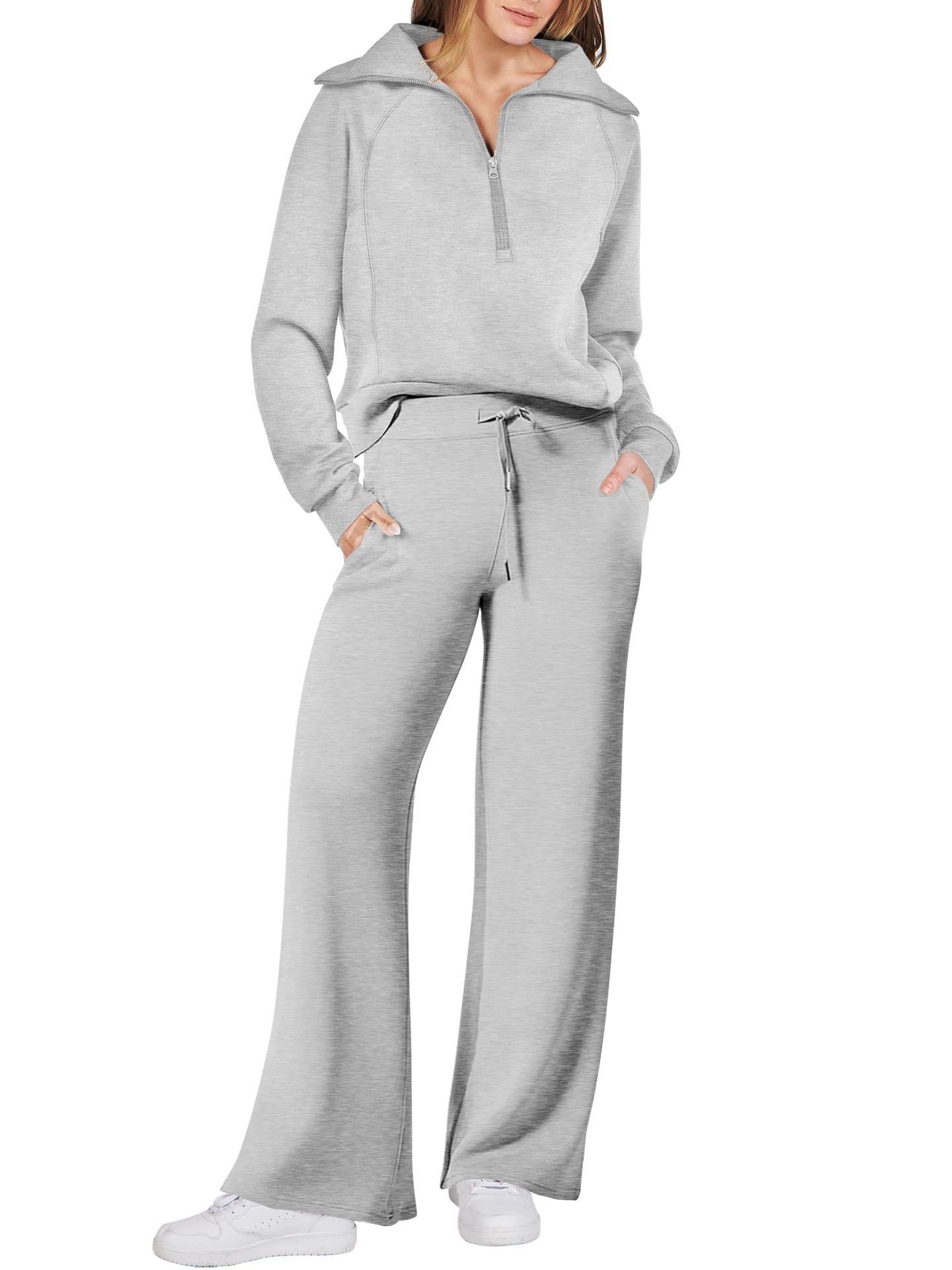Women's Cotton Two-Piece Oversized Half-Zip Sweatshirt Wide Leg Sweatpants Casual Suit