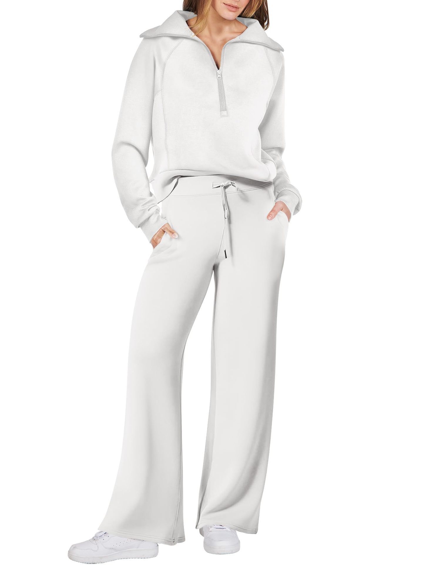 Women's Cotton Two-Piece Oversized Half-Zip Sweatshirt Wide Leg Sweatpants Casual Suit