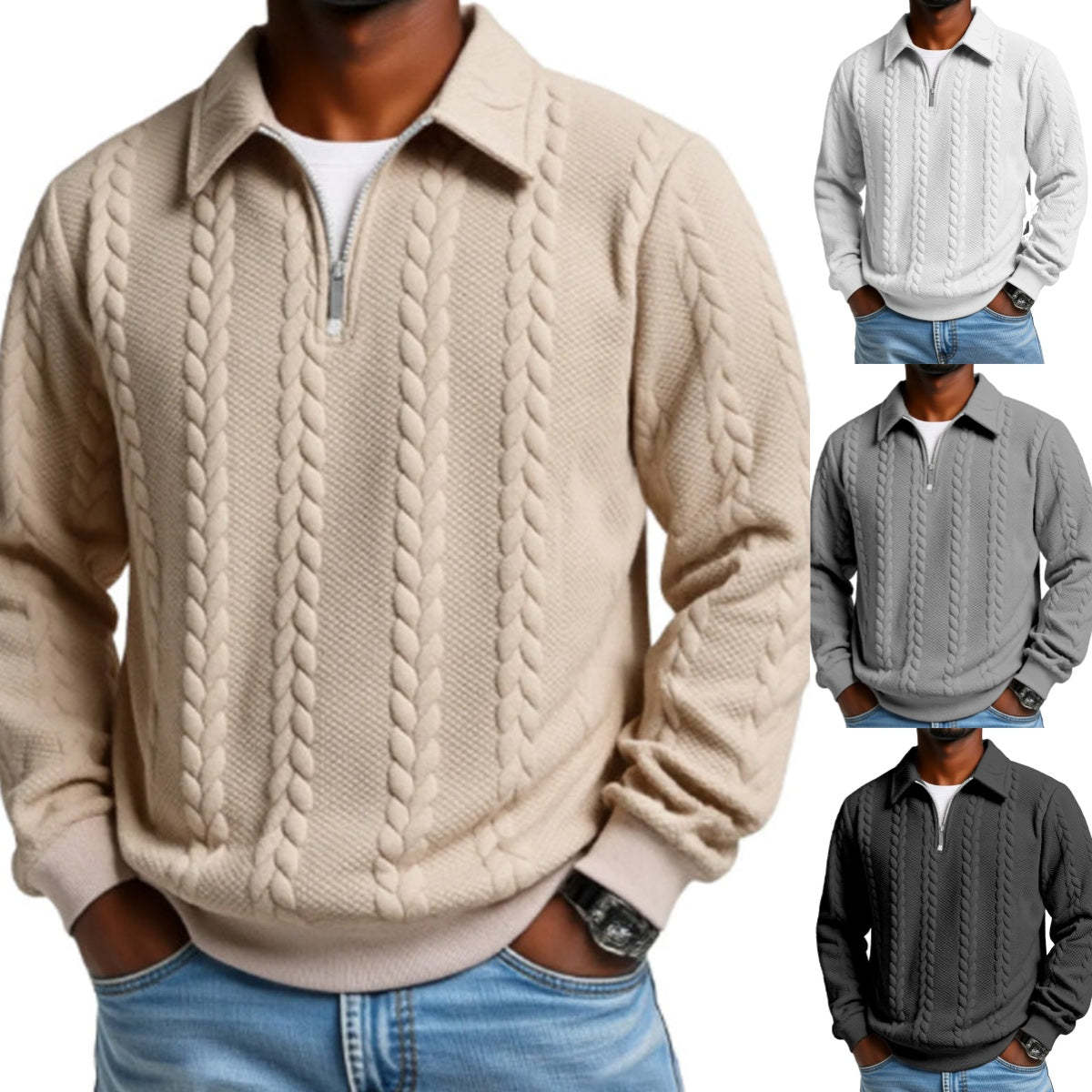 Men's Autumn Winter Outfits Knitted Polo Neck Long Sleeve Sweatshirt