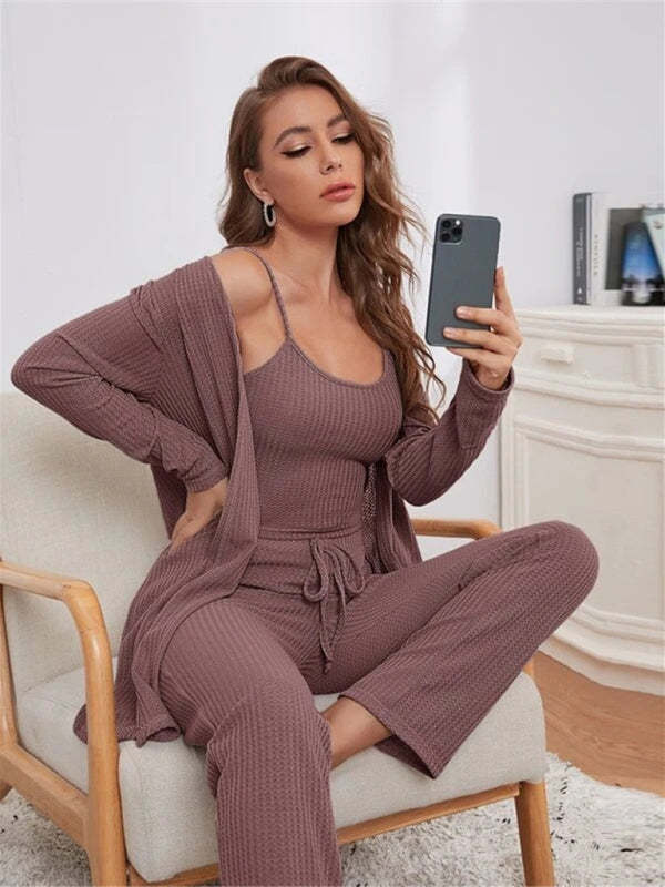 Women's Waffle Knit Loungewear Three Piece Set