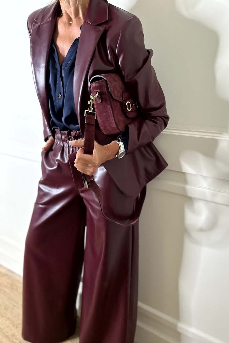 Women's fashion solid color leather jacket two piece set