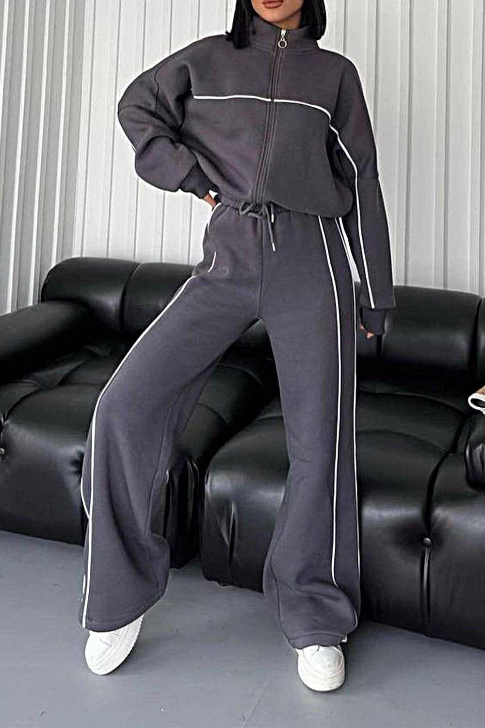 Women's Contrasting Color Cardigan Jacket & Pants Two-piece Set