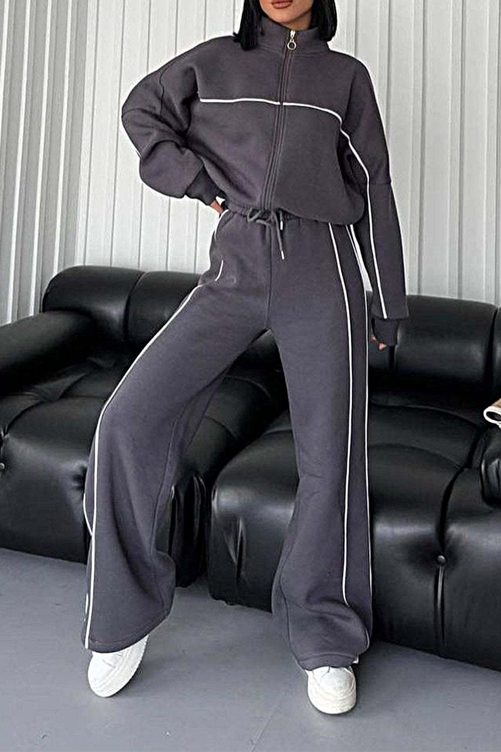 Women's Contrasting Color Cardigan Jacket & Pants Two-piece Set