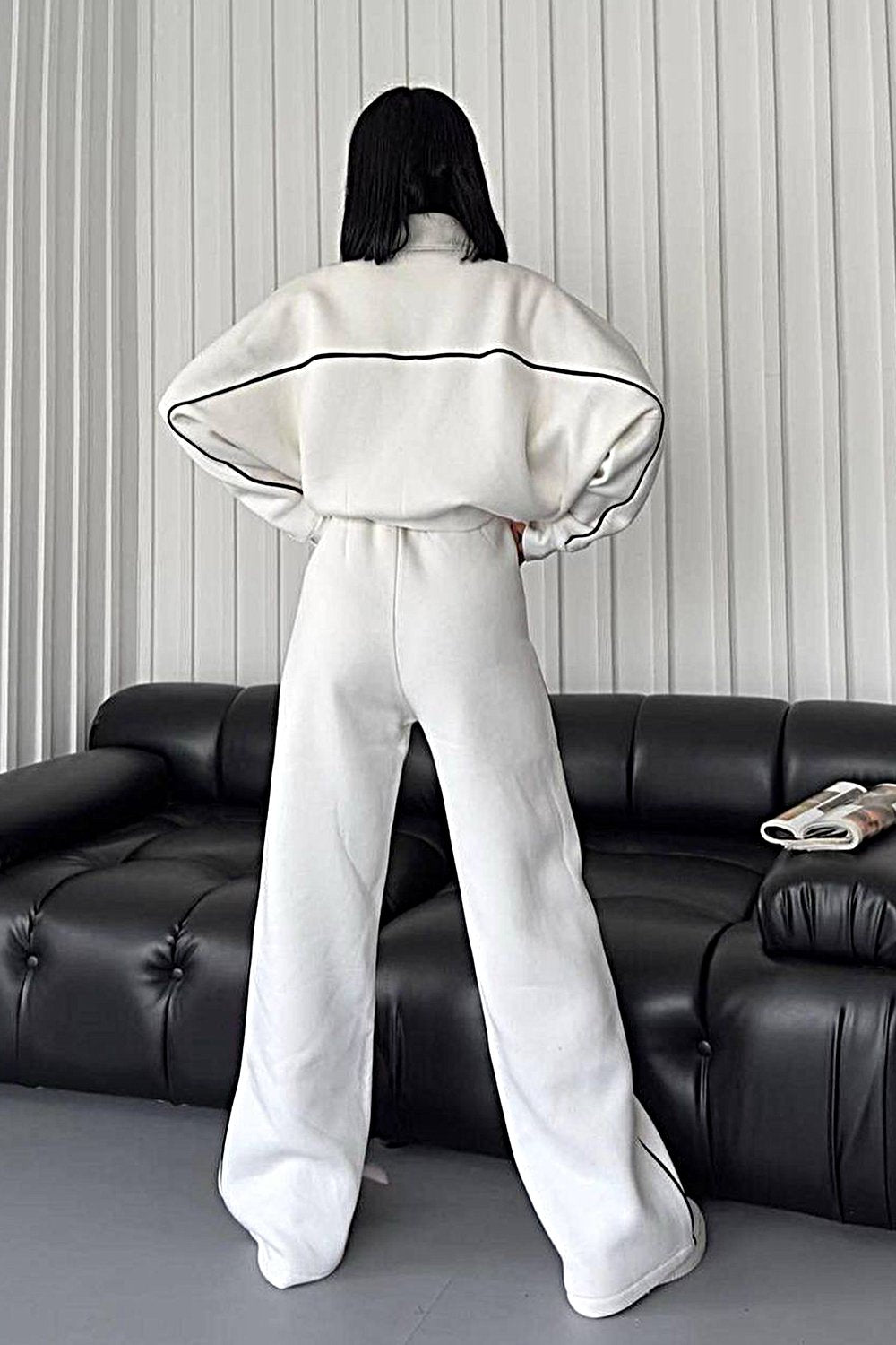 Women's Contrasting Color Cardigan Jacket & Pants Two-piece Set