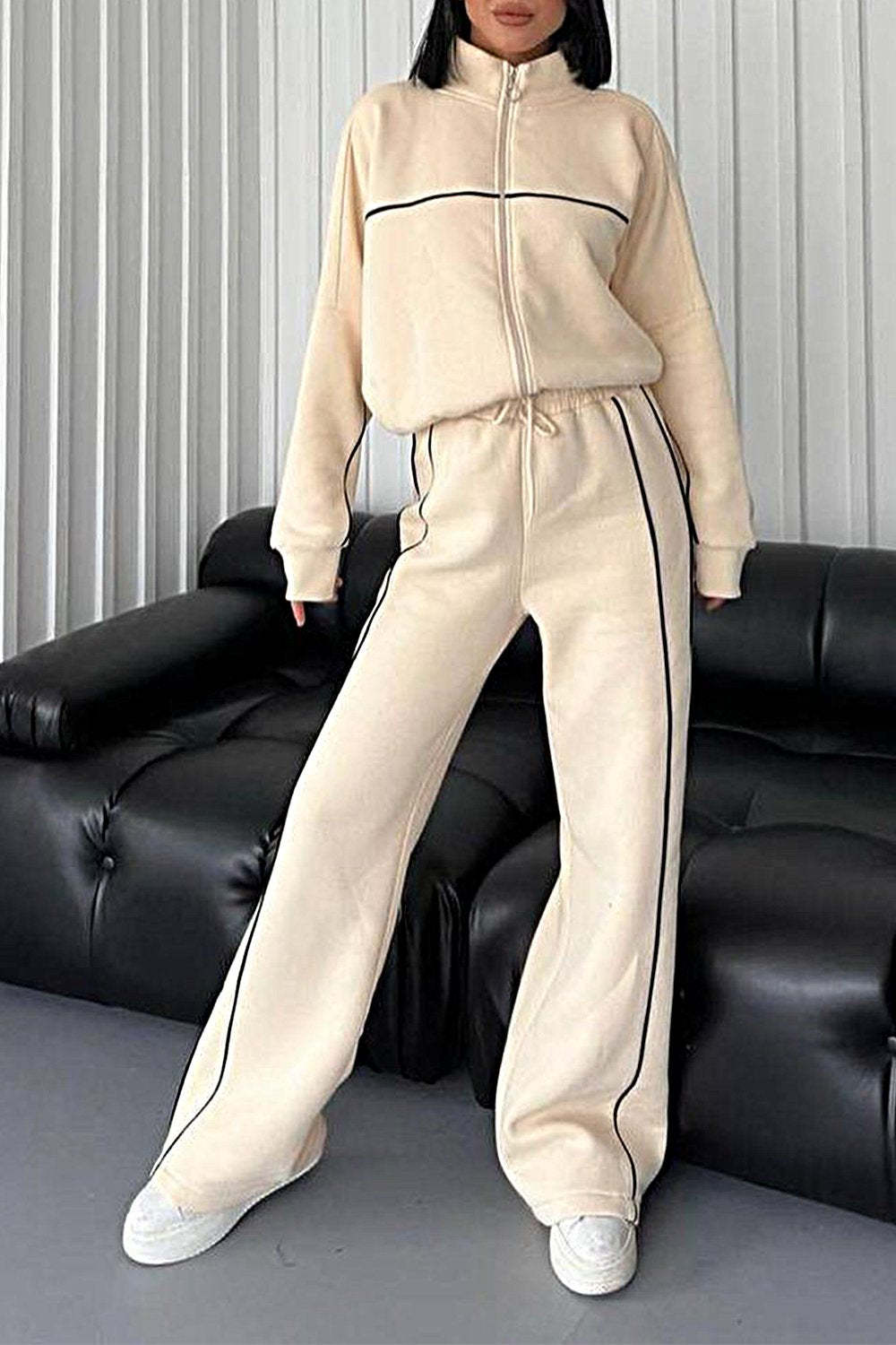 Women's Contrasting Color Cardigan Jacket & Pants Two-piece Set