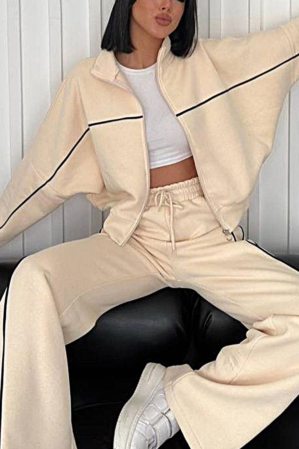 Women's Contrasting Color Cardigan Jacket & Pants Two-piece Set