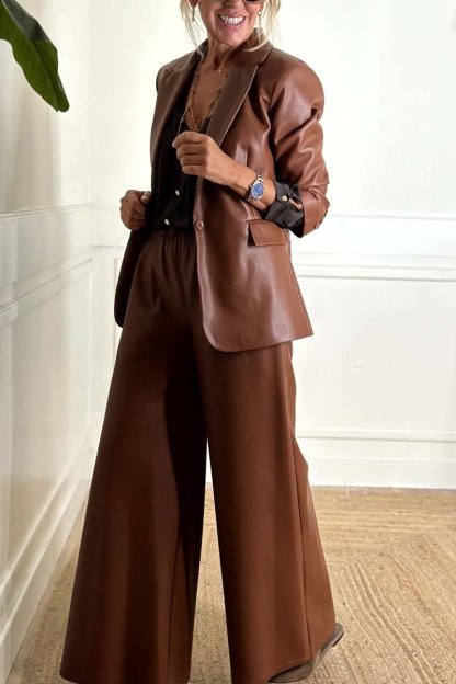 Women's fashion solid color leather jacket two piece set