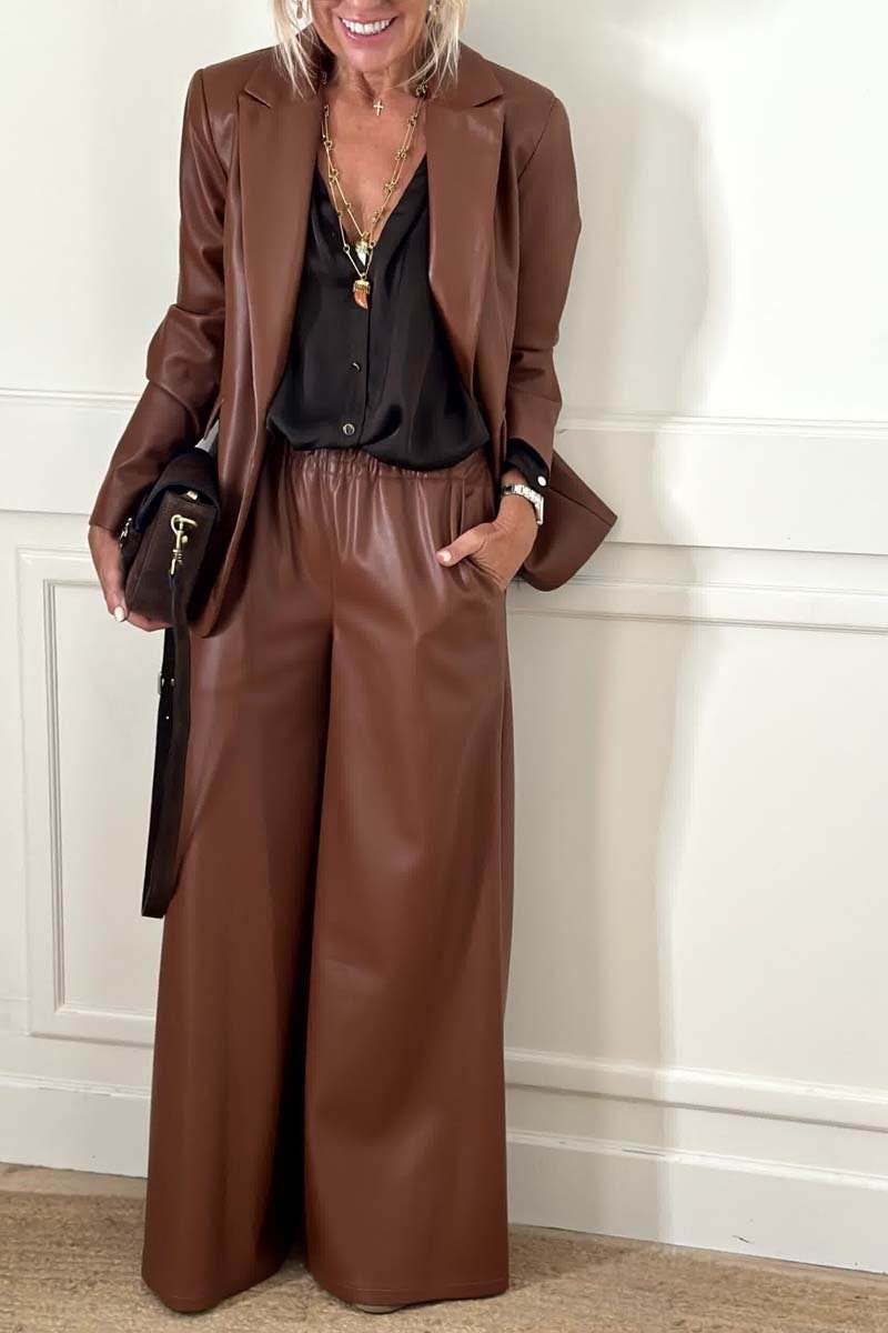 Women's fashion solid color leather jacket two piece set