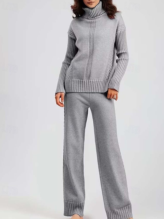 Turtleneck Sweater Co-ords Knitted Fall Winter Home Basic Casual Long Sleeve Solid Color Royal Blue Orange